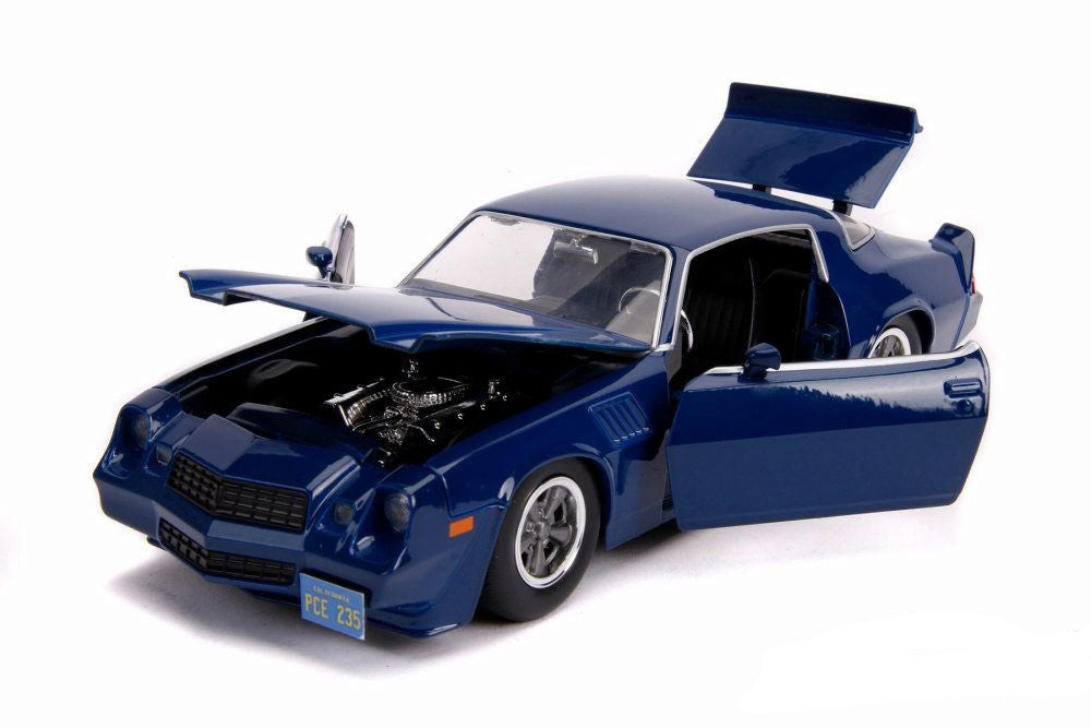 Blue model car with open hood on a white background