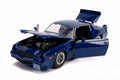 Blue model car with open hood on a white background