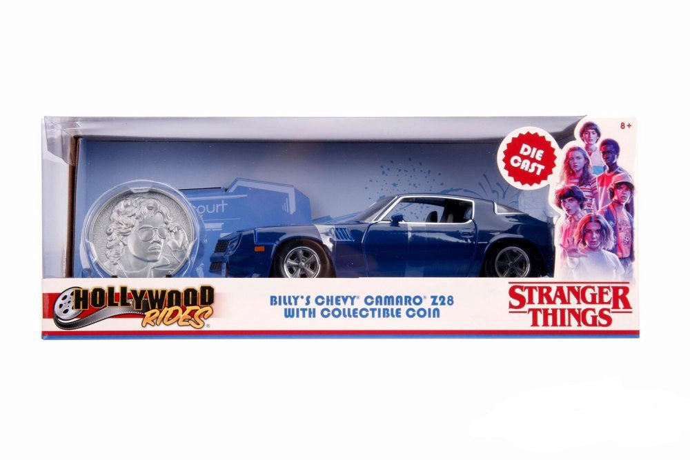 Model car of Billy's Chevy Camaro Z28 from 'Stranger Things' in packaging with collectible coin