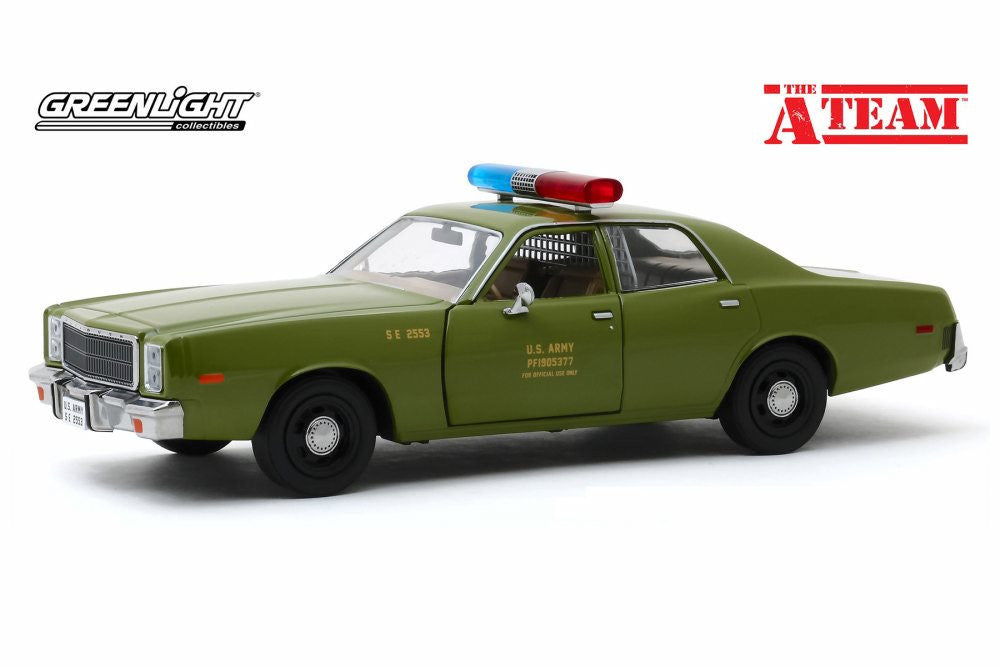 Model of a green police car with a police light bar, featuring the 'A Team' logo and Greenlight branding.